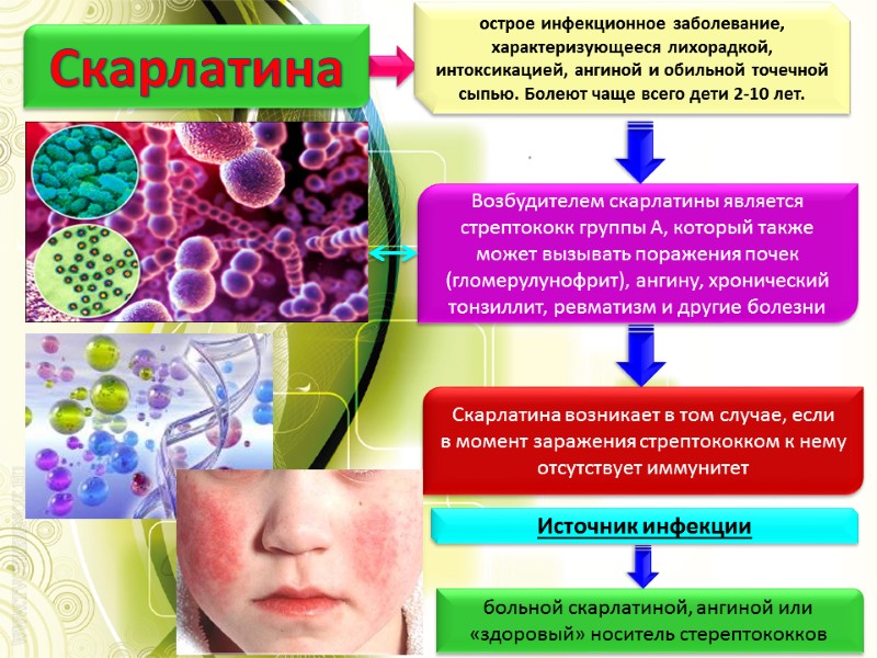 Скарлатина  острое инфекционное заболевание, характеризующееся лихорадкой, интоксикацией, ангиной и обильной точечной сыпью. Болеют